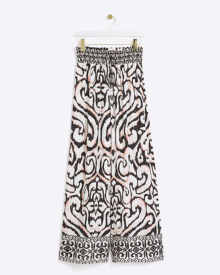 Cream abstract wide leg beach trousers