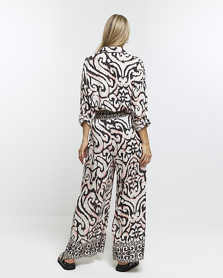 Cream abstract wide leg beach trousers