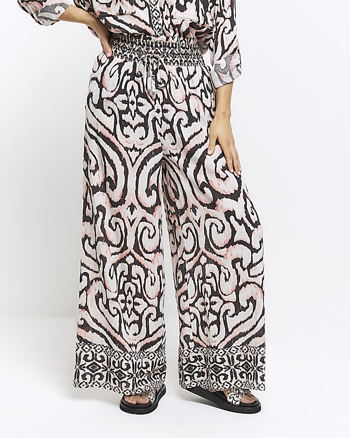 Cream abstract wide leg beach trousers