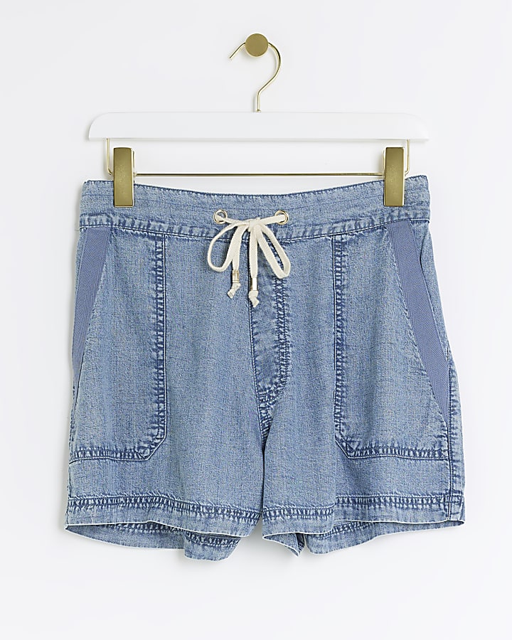 Blue lyocell denim drawstring shorts