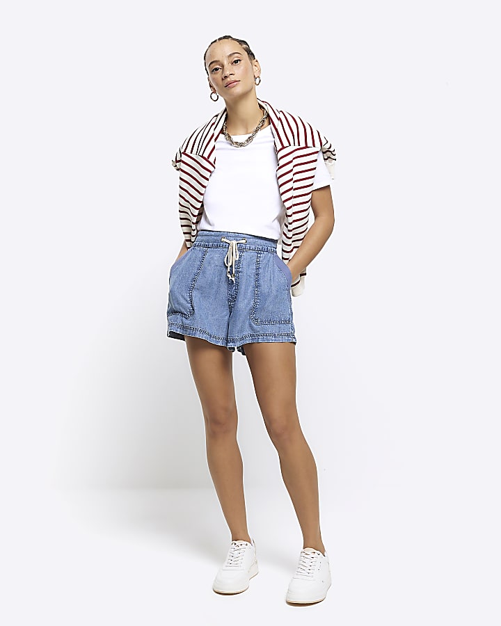 Blue lyocell denim drawstring shorts