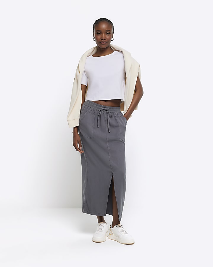 Grey lyocell elasticated midi skirt