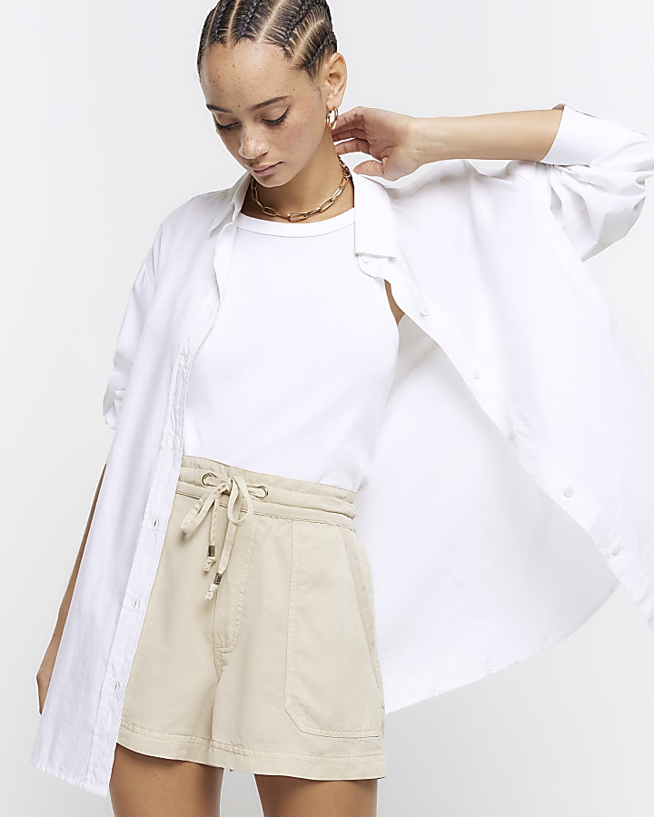 Beige lyocell elasticated shorts