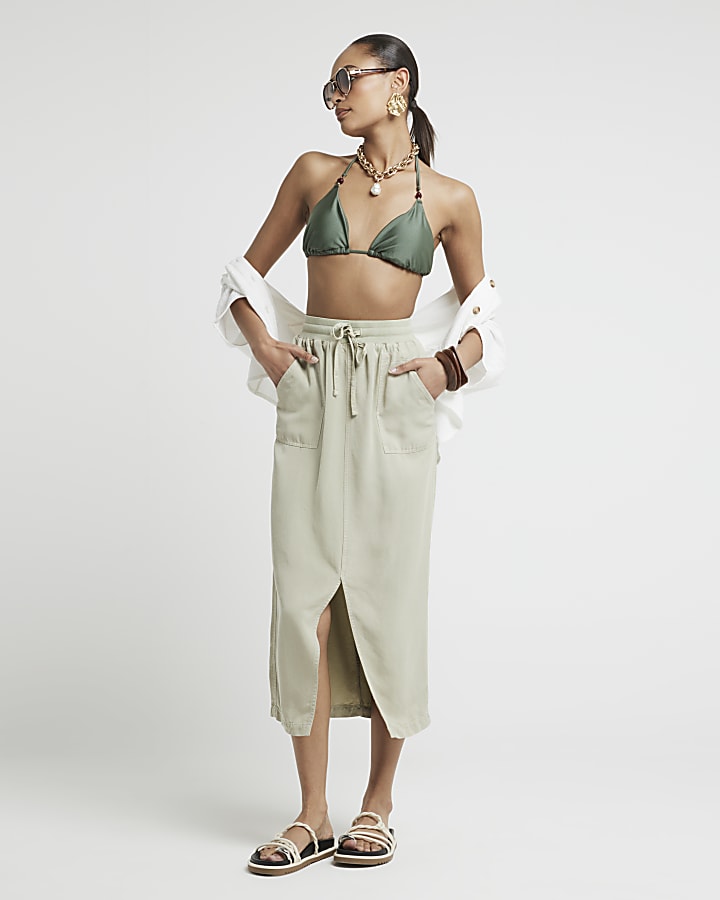 Green lyocell elasticated midi skirt