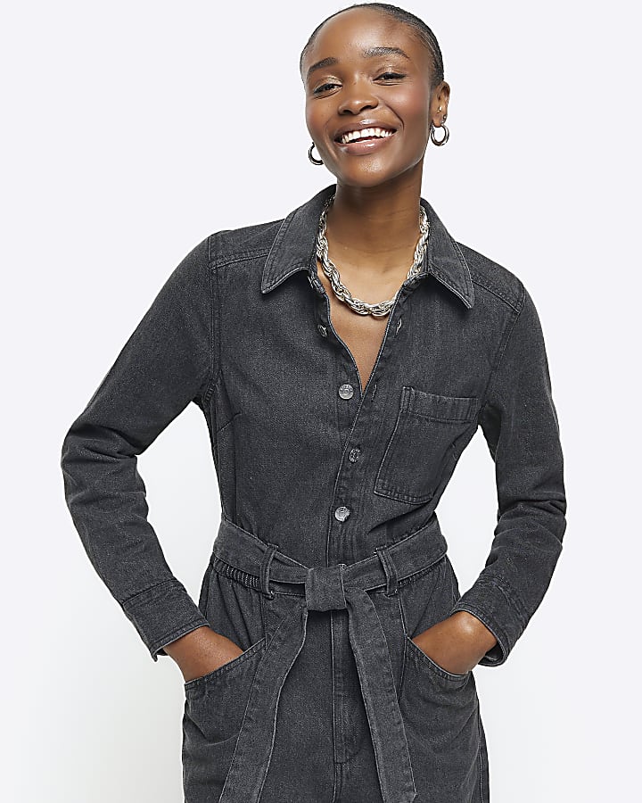 Black belted denim jumpsuit