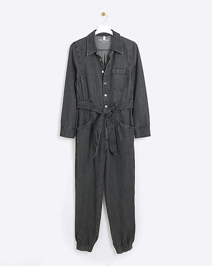 Black belted denim jumpsuit
