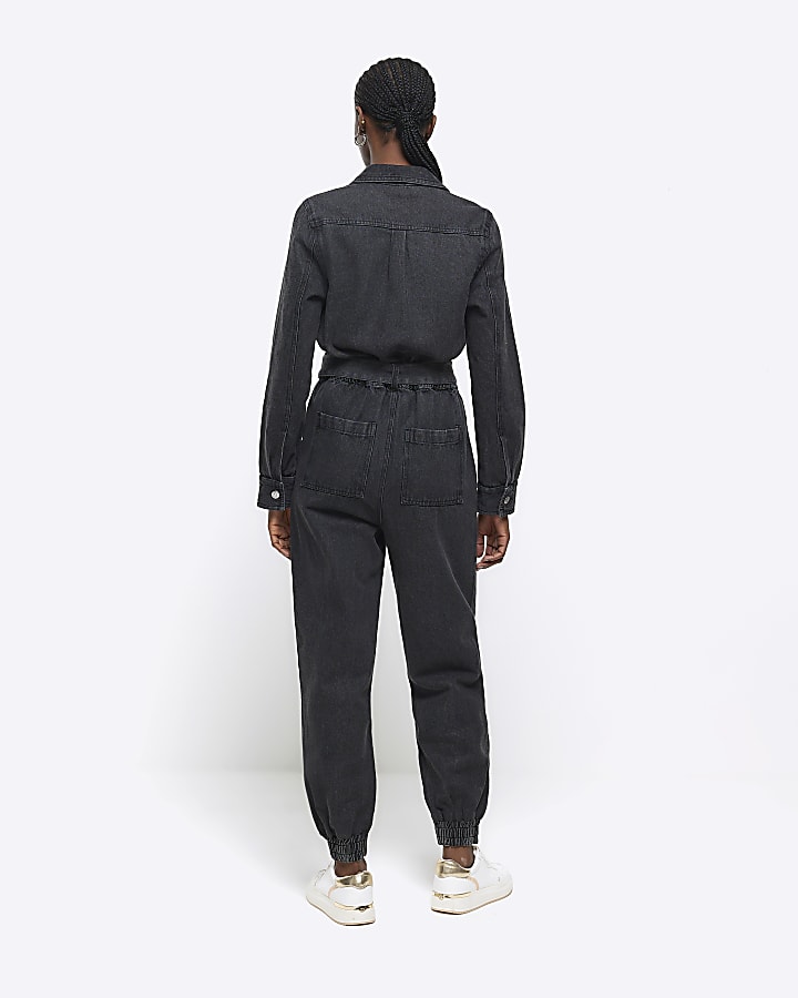 Black belted denim jumpsuit