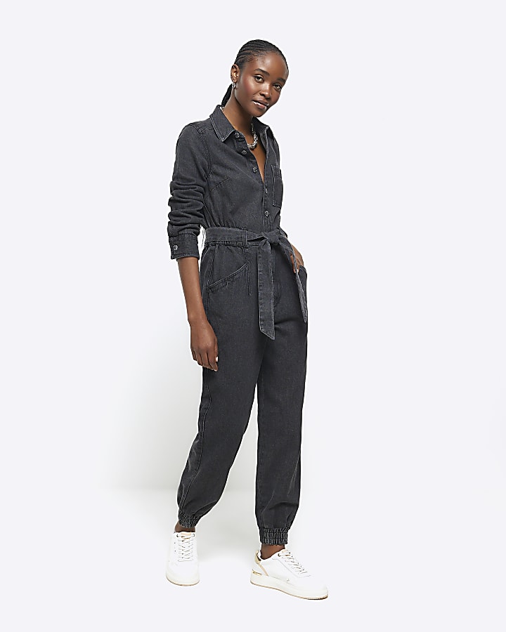 Black belted denim jumpsuit