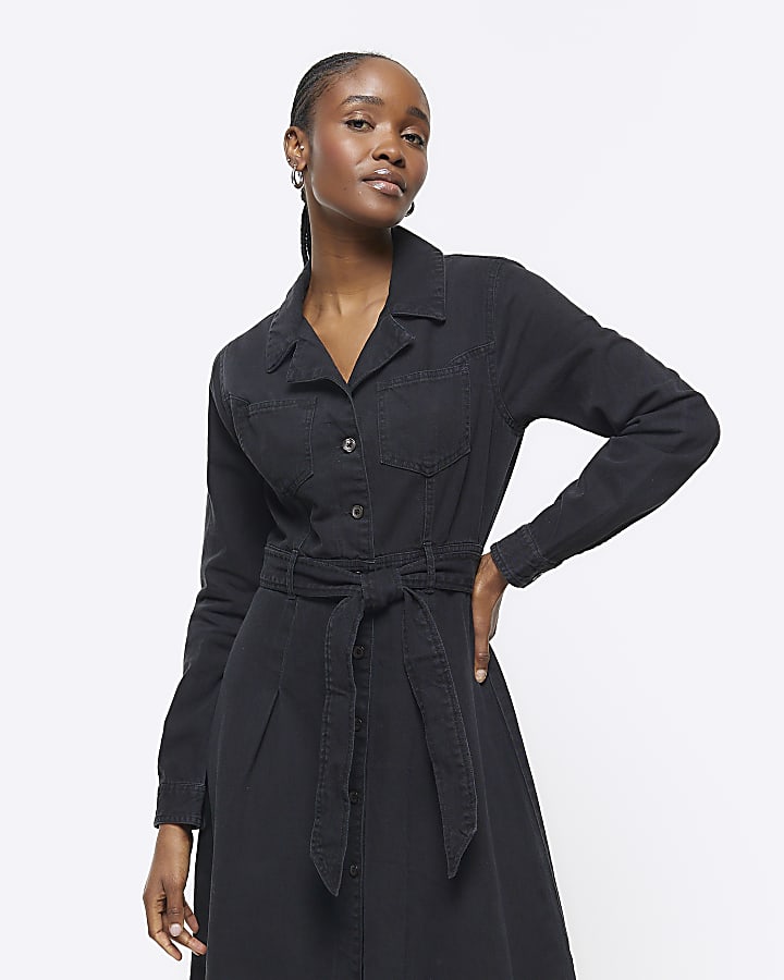 Black denim belted midi shirt dress