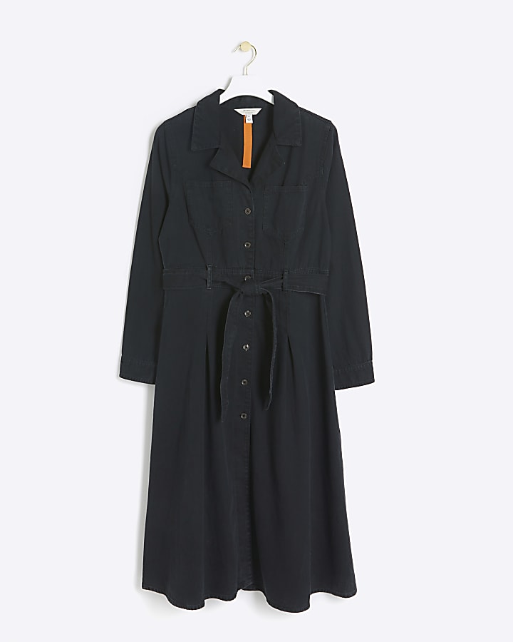 Black denim belted midi shirt dress