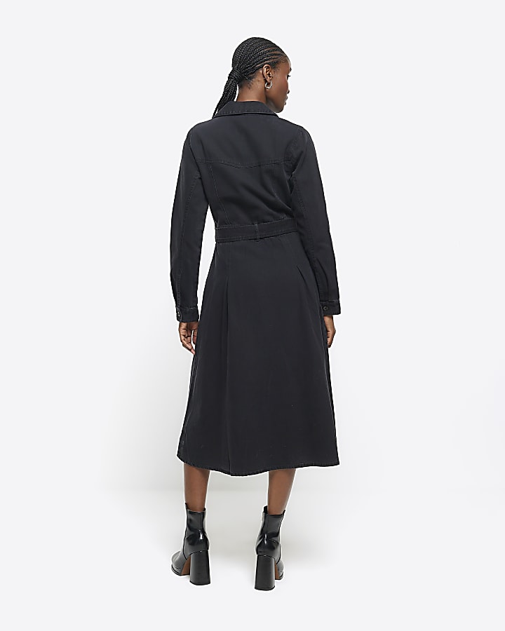 Black denim belted midi shirt dress