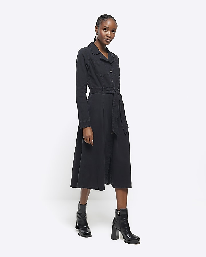 Black denim belted midi shirt dress