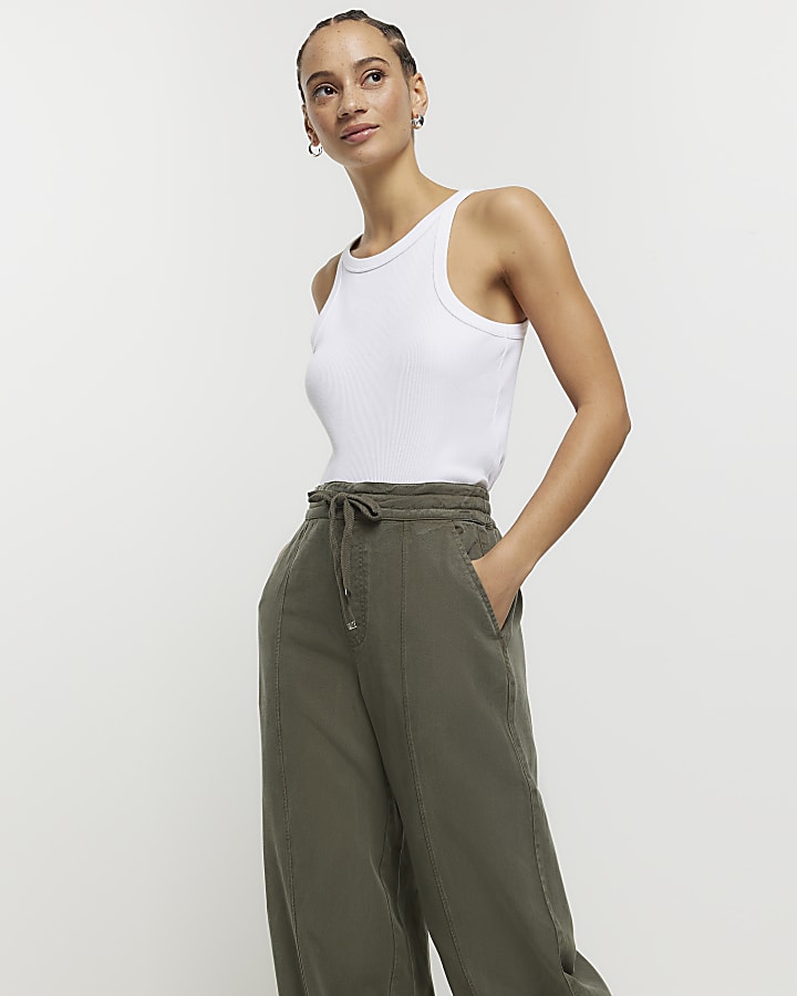 Khaki Wide Leg Lyocell Trousers