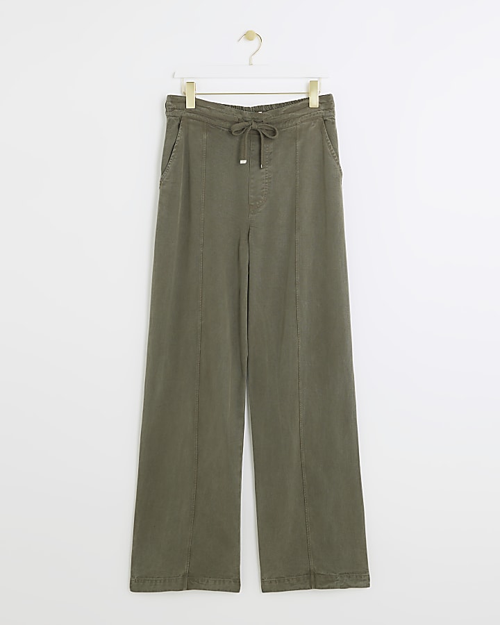 Khaki Wide Leg Lyocell Trousers