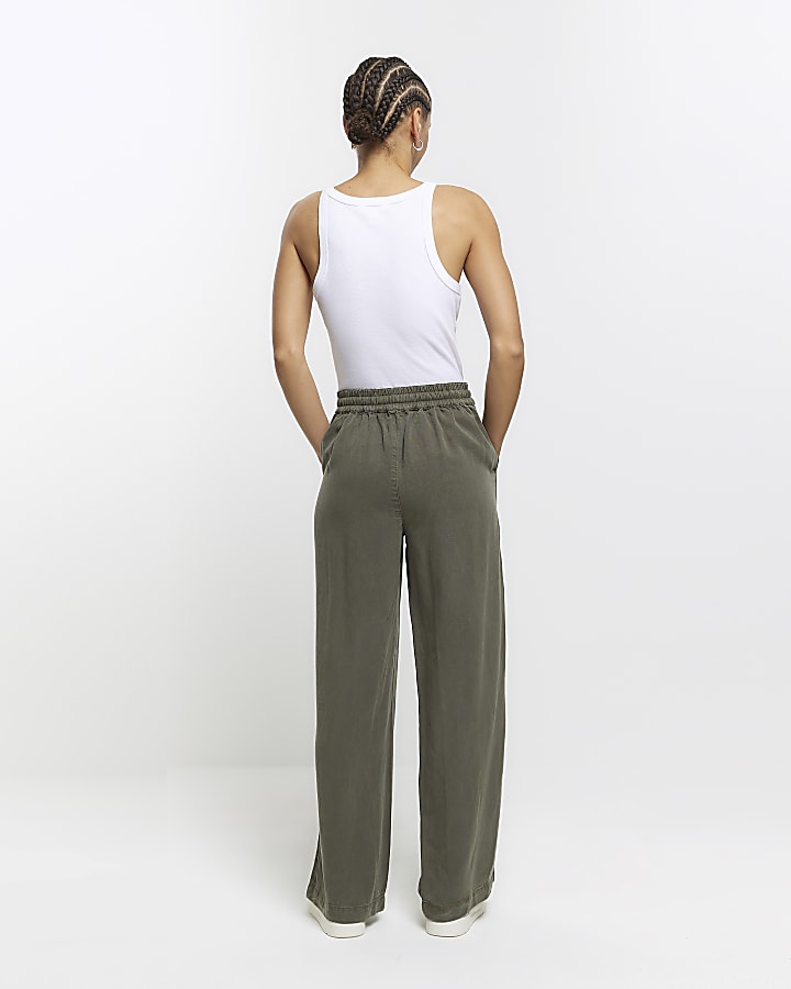 Khaki Wide Leg Lyocell Trousers