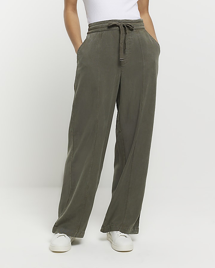 Khaki Wide Leg Lyocell Trousers