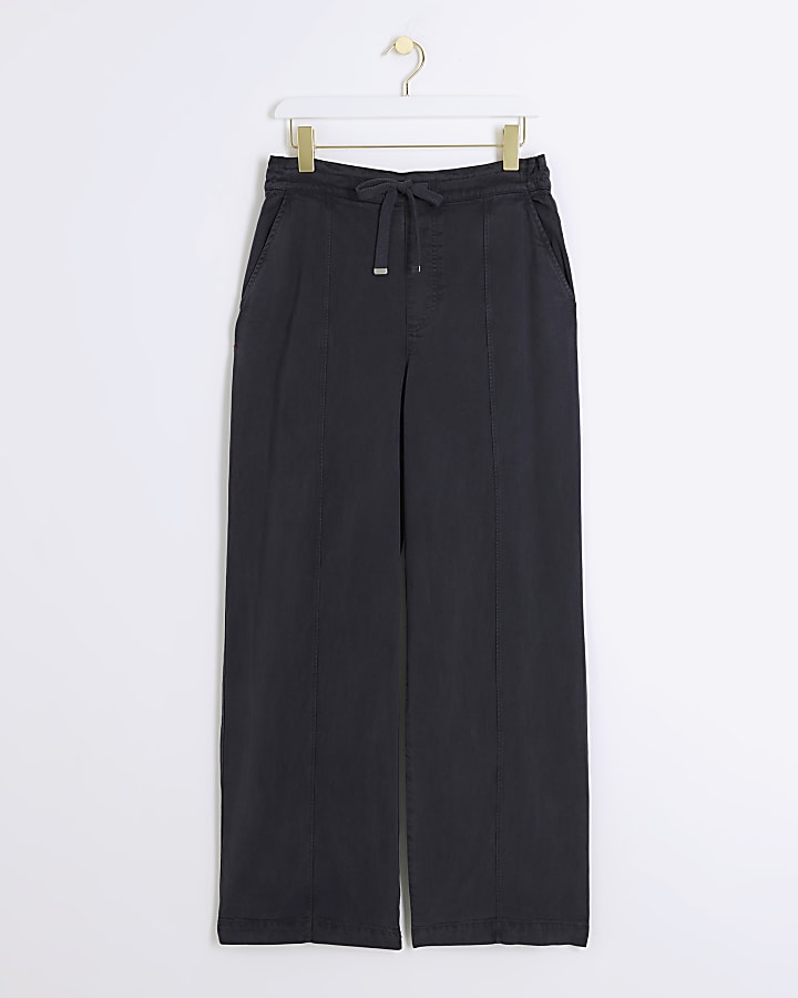 Navy Lyocell Wide Leg Trousers