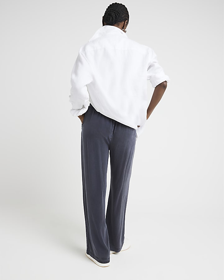 Navy Lyocell Wide Leg Trousers