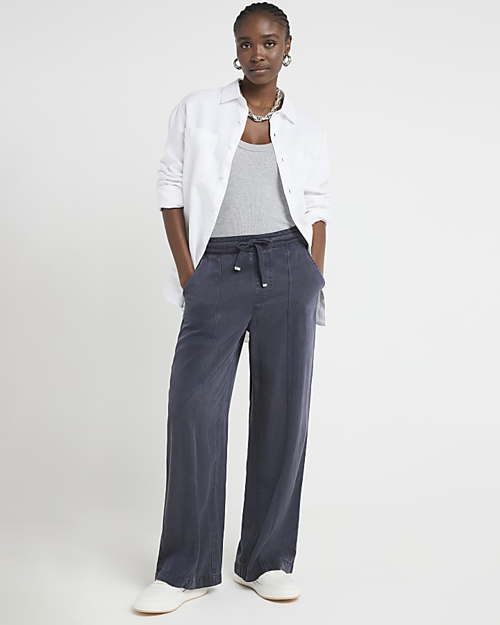 Navy Lyocell Wide Leg Trousers