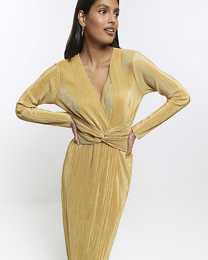 Gold plisse plunge bodycon midi dress