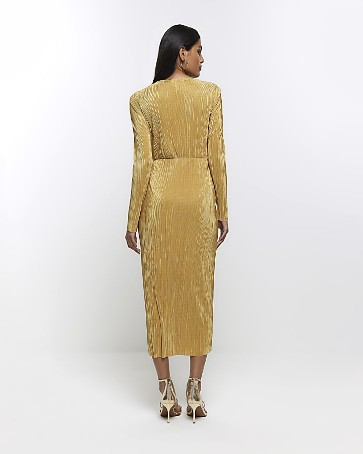 Gold plisse plunge bodycon midi dress