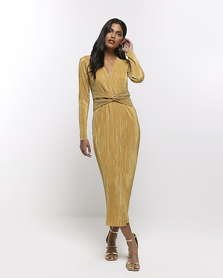 Gold plisse plunge bodycon midi dress