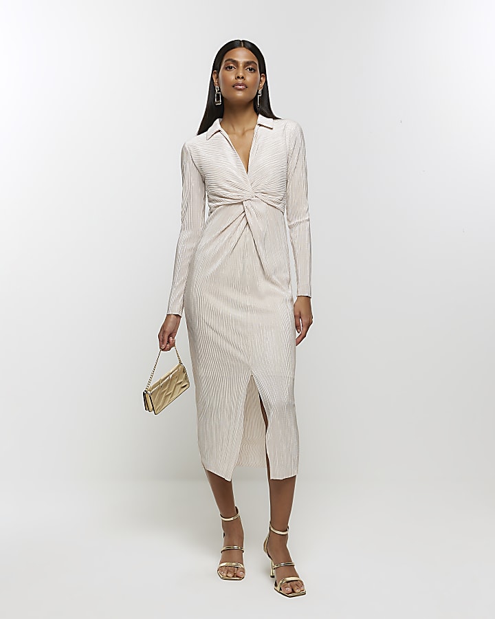 Cream plisse midi shirt dress