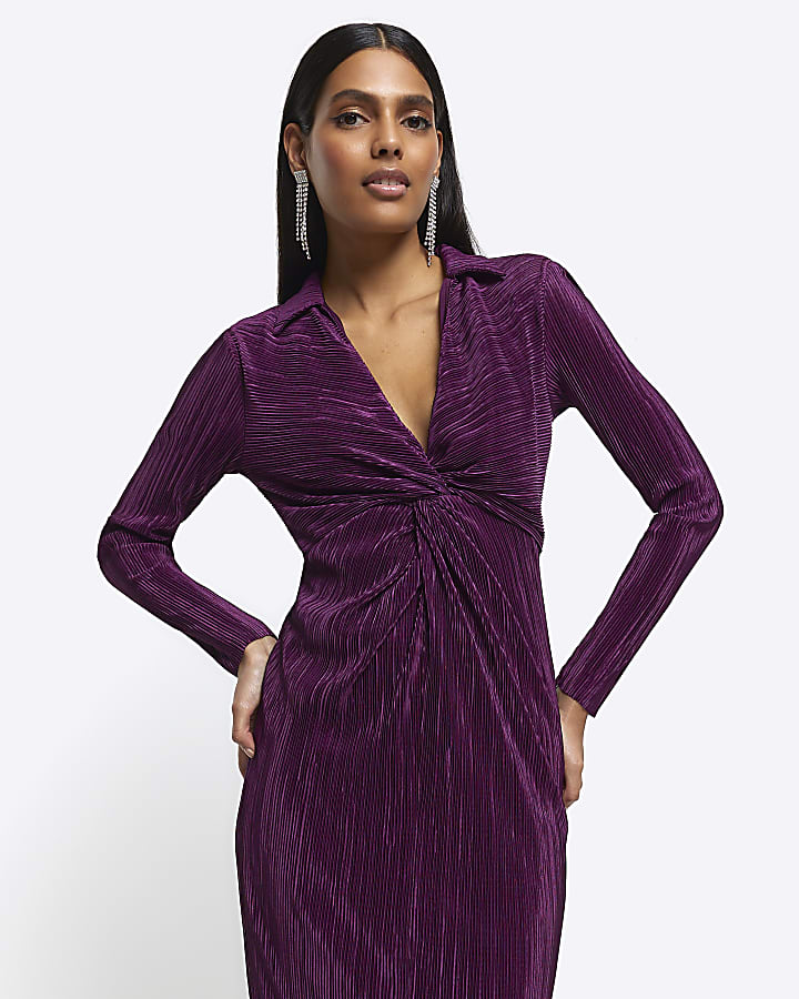 Purple Plisse Bodycon Midi Dress River Island