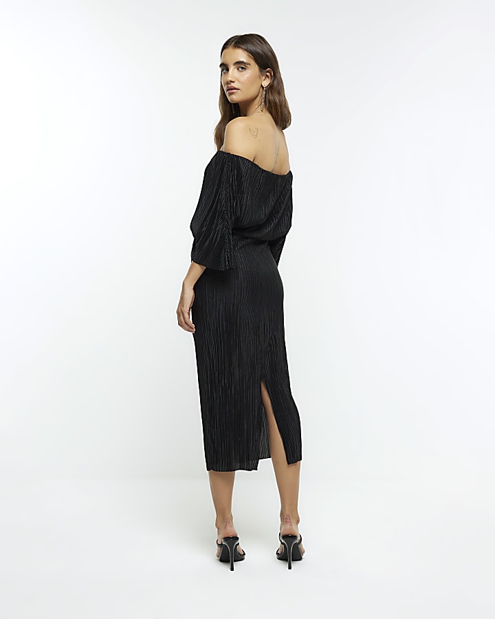 Black bardot drape plisse midi dress