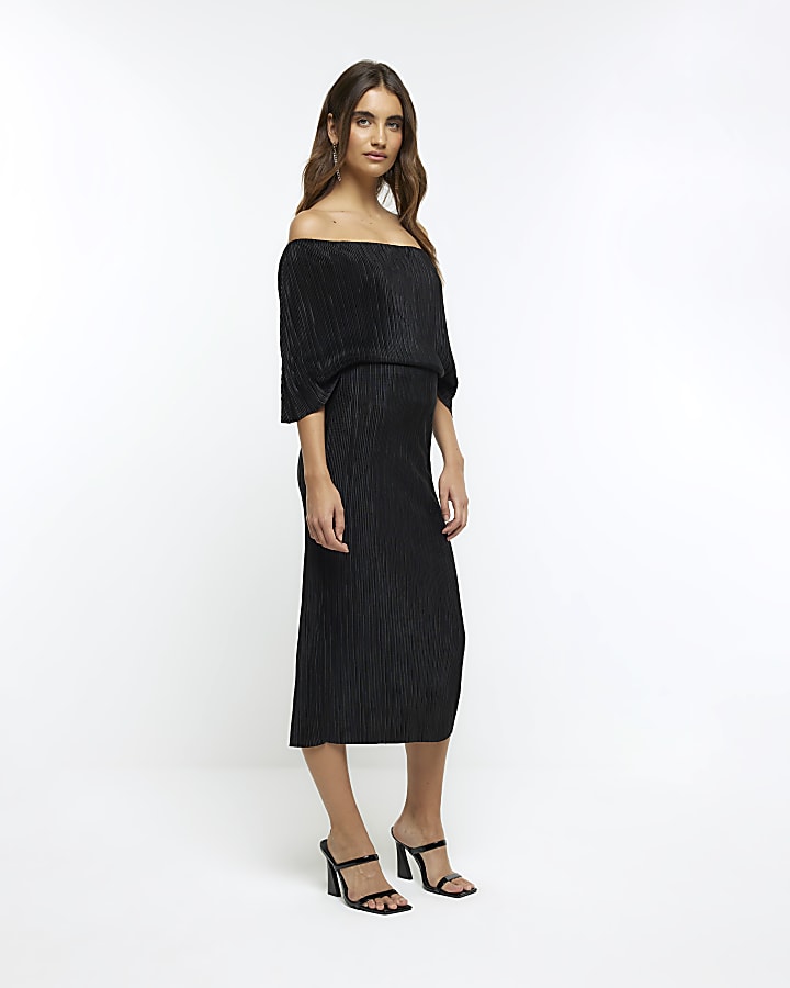 Black bardot drape plisse midi dress