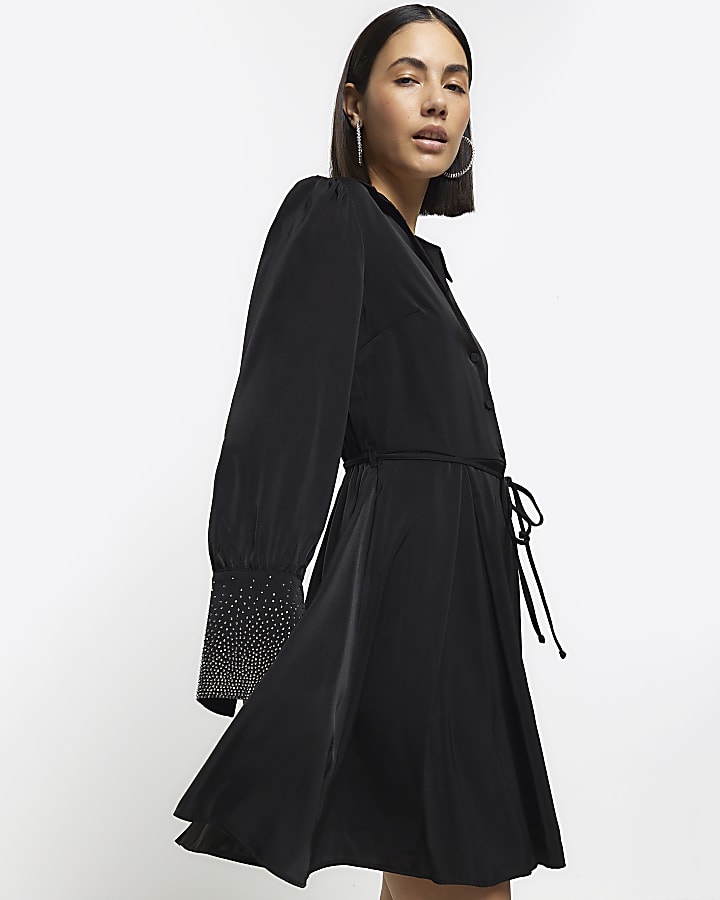 Black diamante cuff mini shirt dress