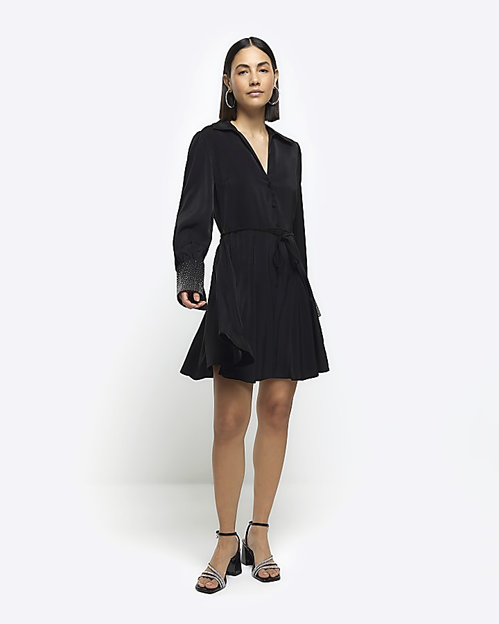 Black diamante cuff mini shirt dress
