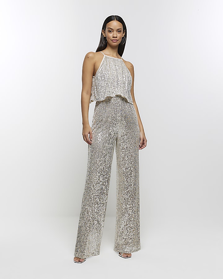 Silver sequin layered jumpsuit River Island