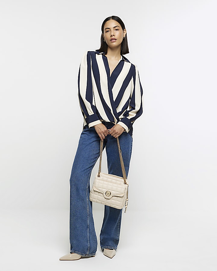 Navy stripe wrap blouse
