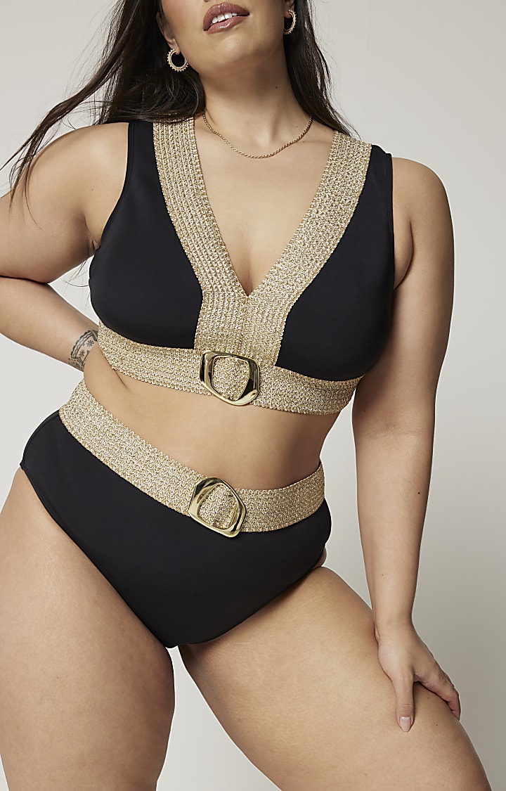 Plus black high waisted buckle bikini bottoms