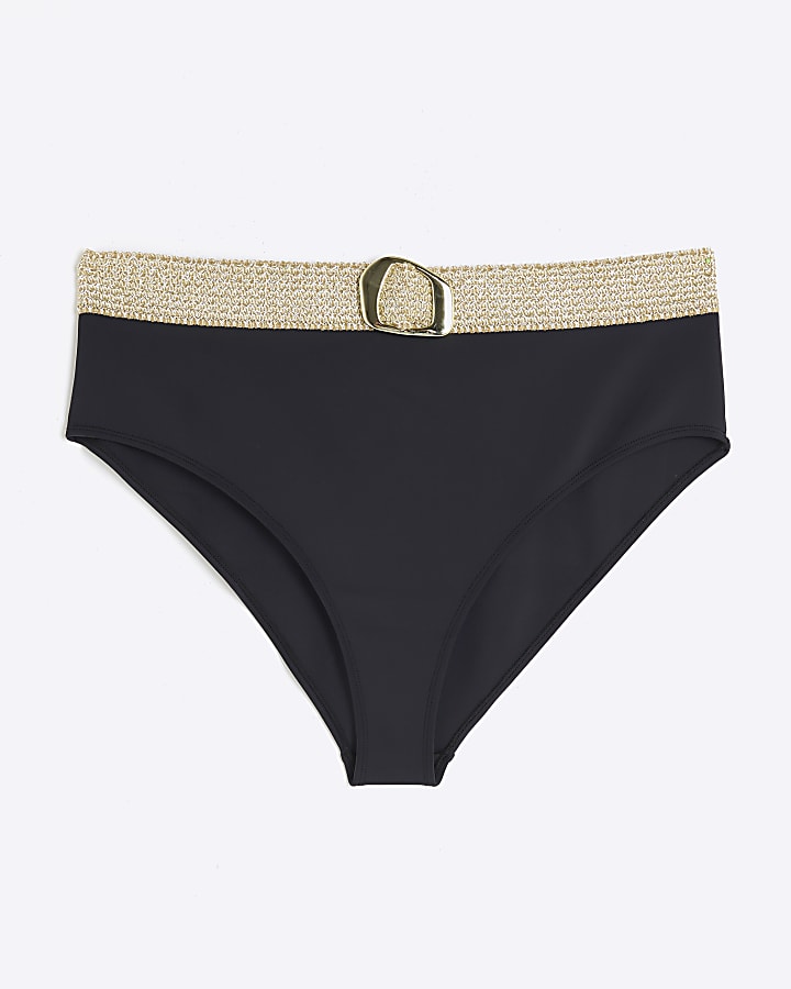 Plus black high waisted buckle bikini bottoms