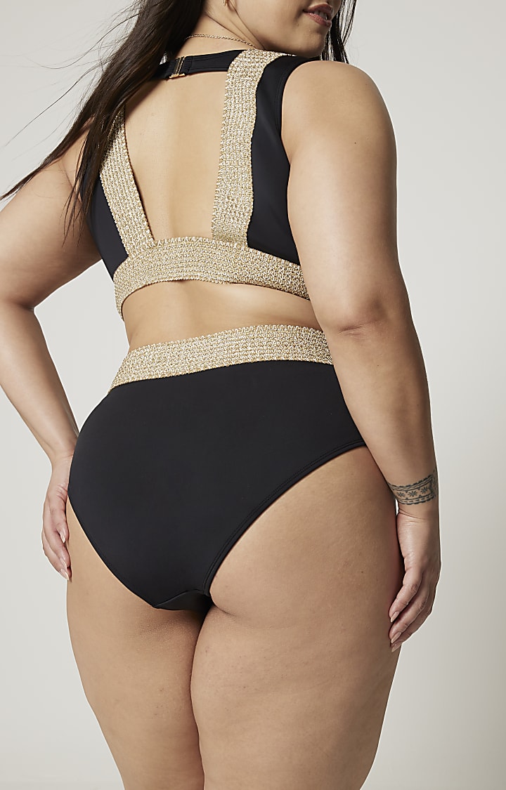 Plus black high waisted buckle bikini bottoms