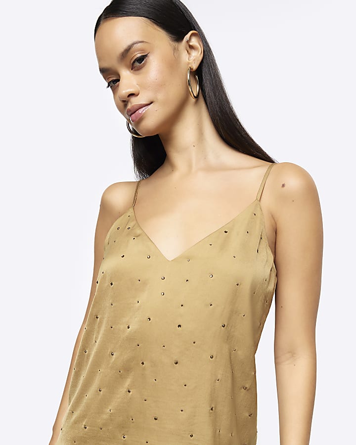 Khaki diamante cami top