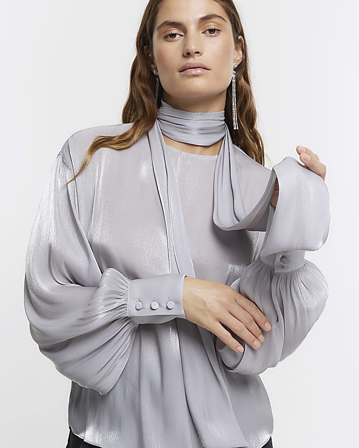 Silver RI Studio satin tie neck blouse