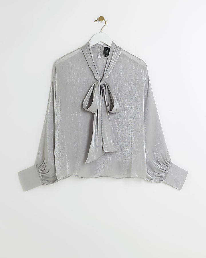 Silver RI Studio satin tie neck blouse