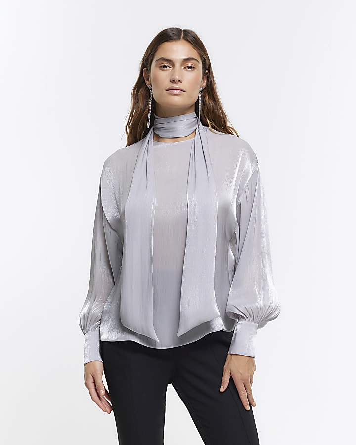 Silver RI Studio satin tie neck blouse