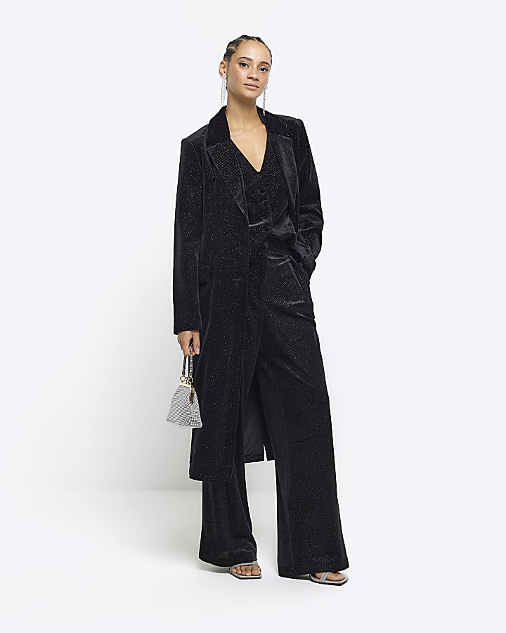 Black velvet glitter longline coat River Island