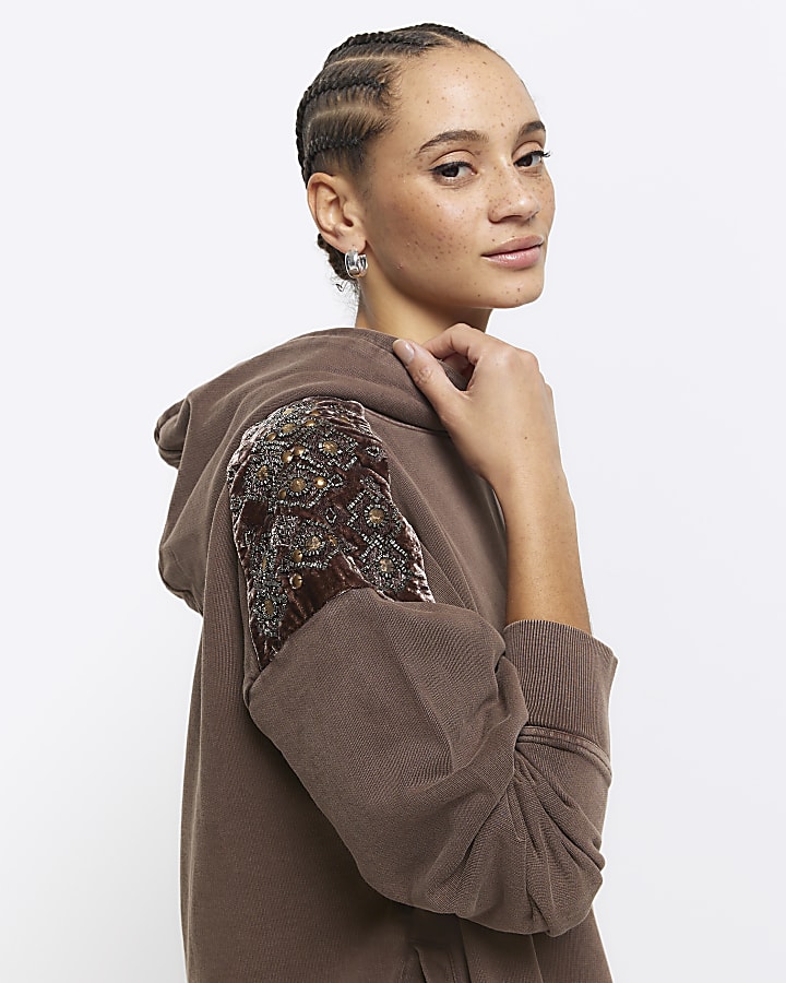 Brown velvet shoulder hoodie