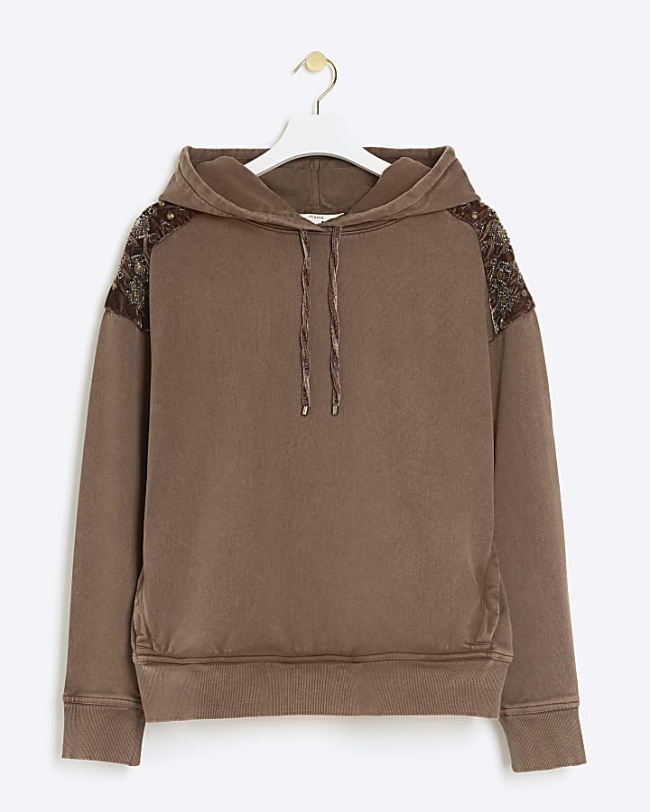 Brown velvet shoulder hoodie