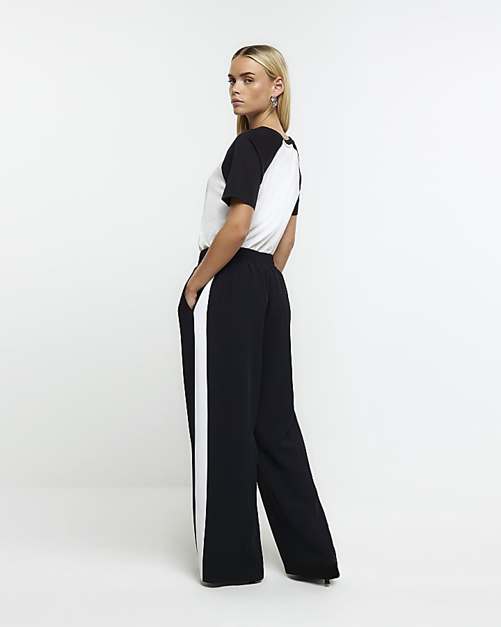 Petite black side stripe wide leg joggers