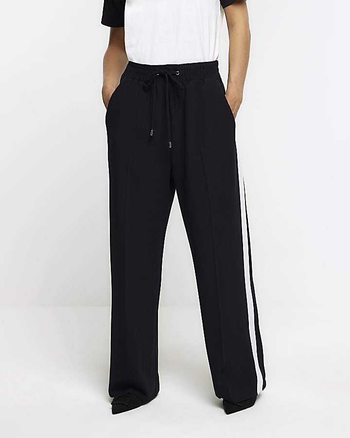 Petite black side stripe wide leg joggers