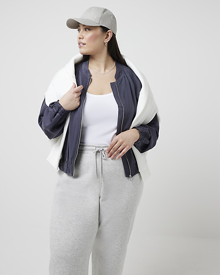 Plus navy lyocell casual bomber jacket