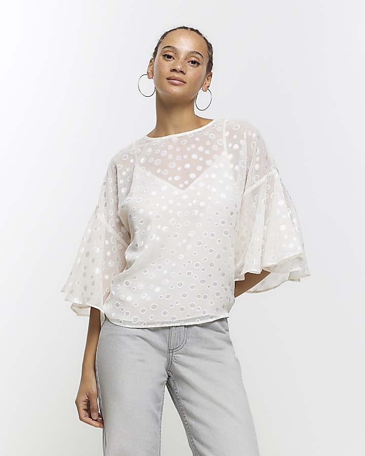 Cream chiffon spot blouse River Island