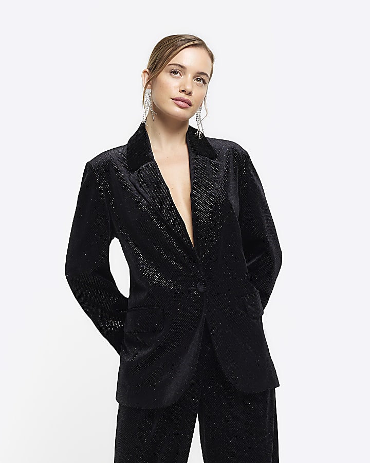 Petite black velvet sparkle tux blazer River Island