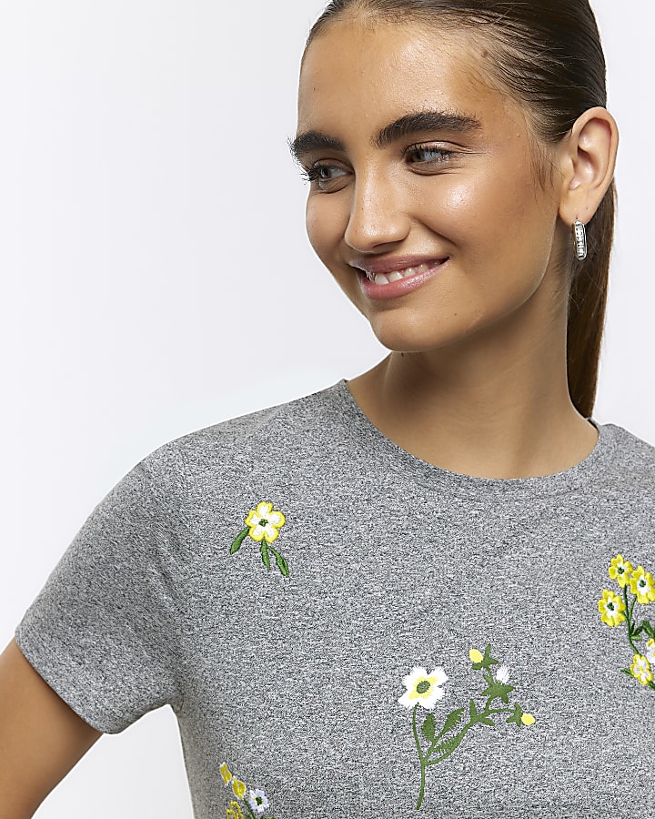 Grey embroidered floral t-shirt